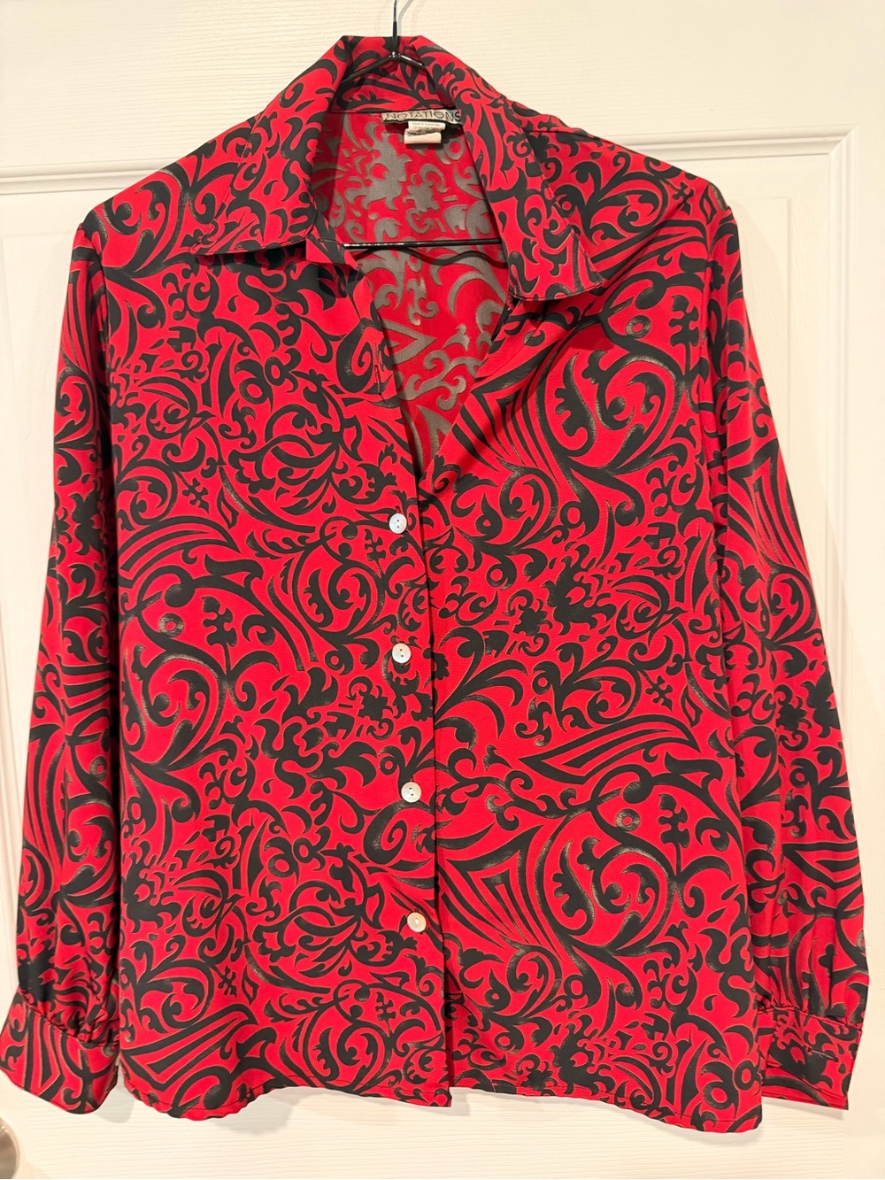 Notations Red and Black Swirl-Print Women's Button Front Blouse